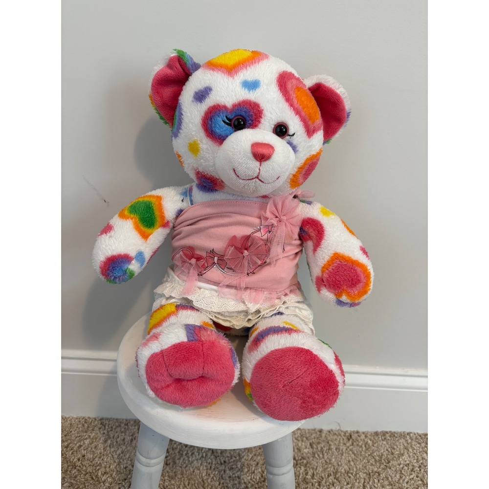 Build-A-Bear Rainbow Hearts Teddy Bear Plush Pink Outfit 2011 Stuffed Animal